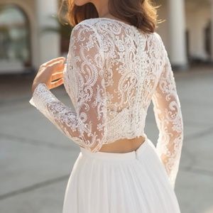 White Lace Wedding Top with Button Back and Long Sleeves, New